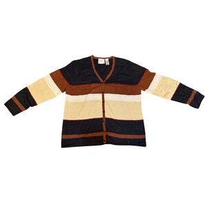 First Issue Liz Claiborne Women XL Metallic Striped Button Front Cardigan Brown